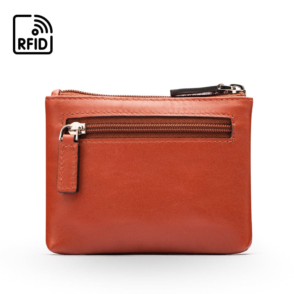 RFID Small leather zip coin pouch, havana tan, front view
