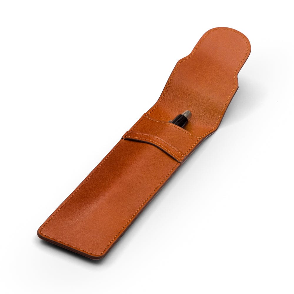 Single leather pen case, havana tan, open