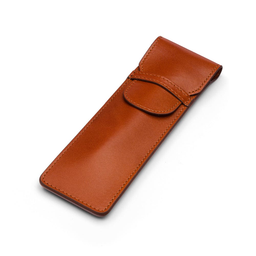 Single leather pen case, havana tan, front