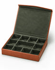 Large Leather Cufflink And Jewellery Box - Havana tan with green , inside
