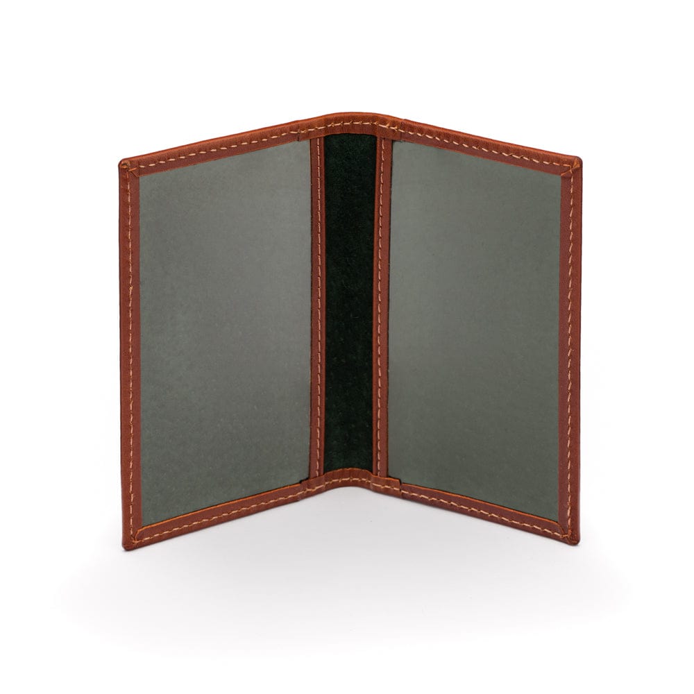 Leather travel card wallet, havana tan with green, inside