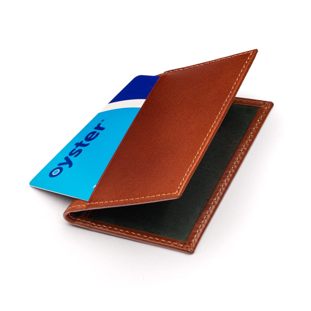 Leather travel card wallet, havana tan with green, front