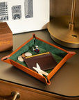 Leather valet tray, havana tan with green, lifestyle view