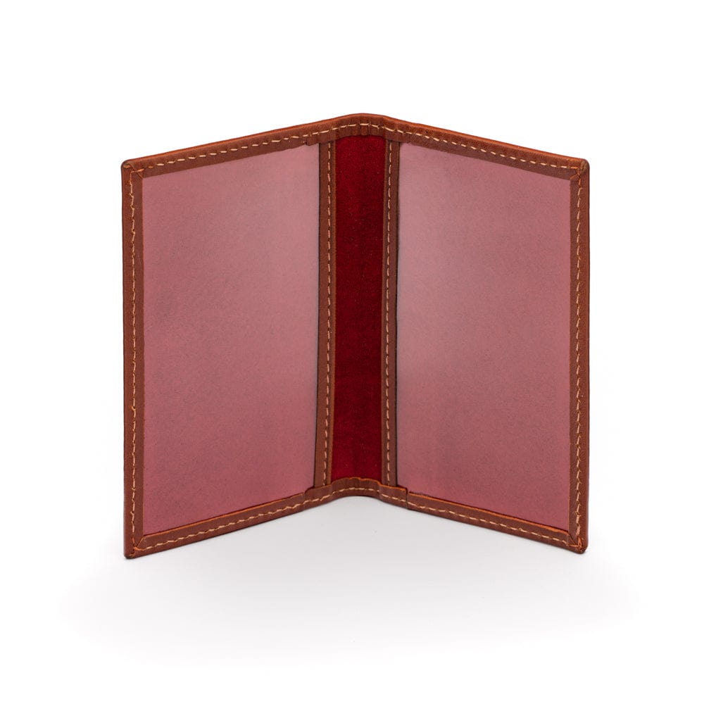 Leather travel card wallet, havana tan with red, inside