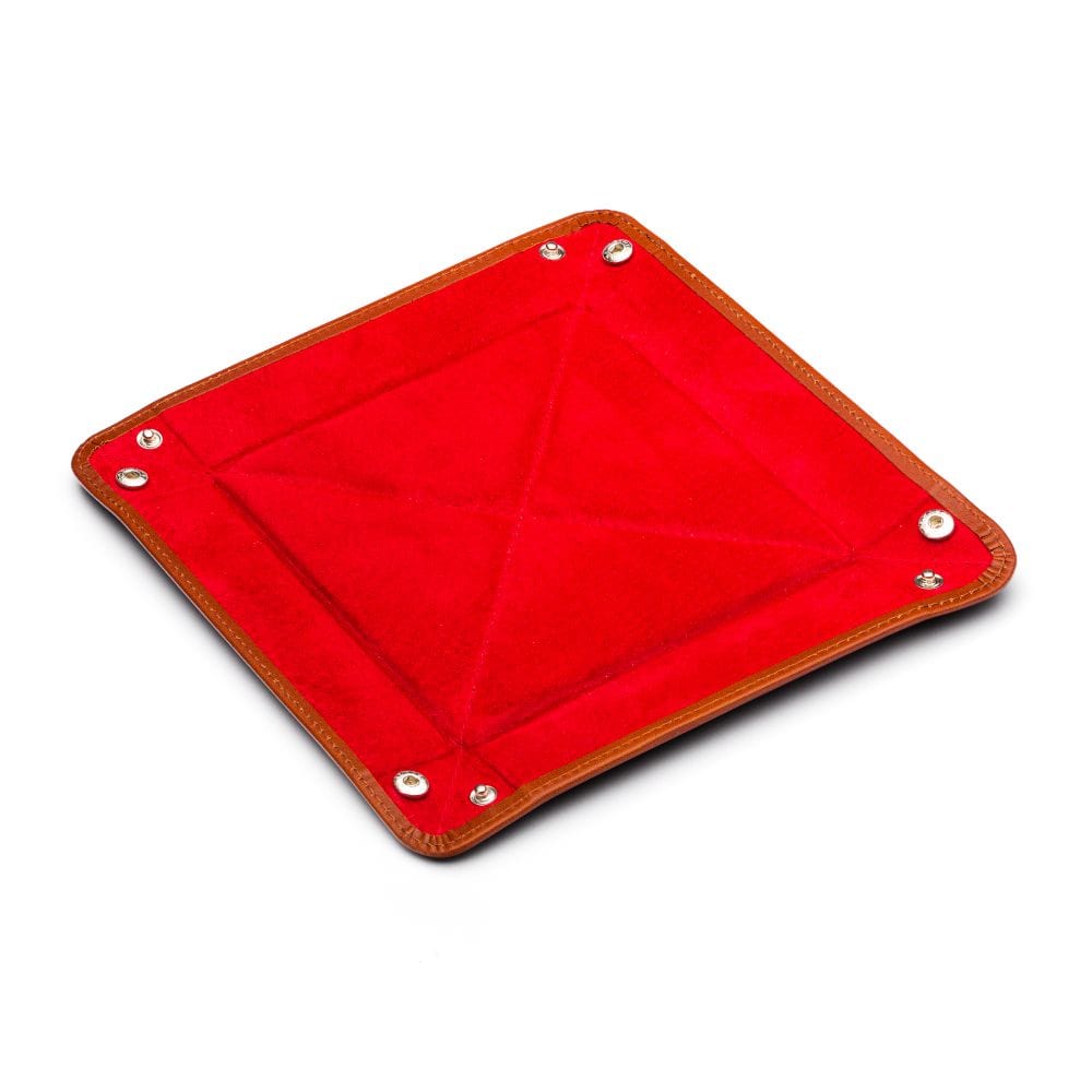 Leather valet tray, havana tan with red, flat