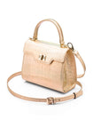 Mini leather Morgan Bag, top handle bag, hologram gold croc, side view