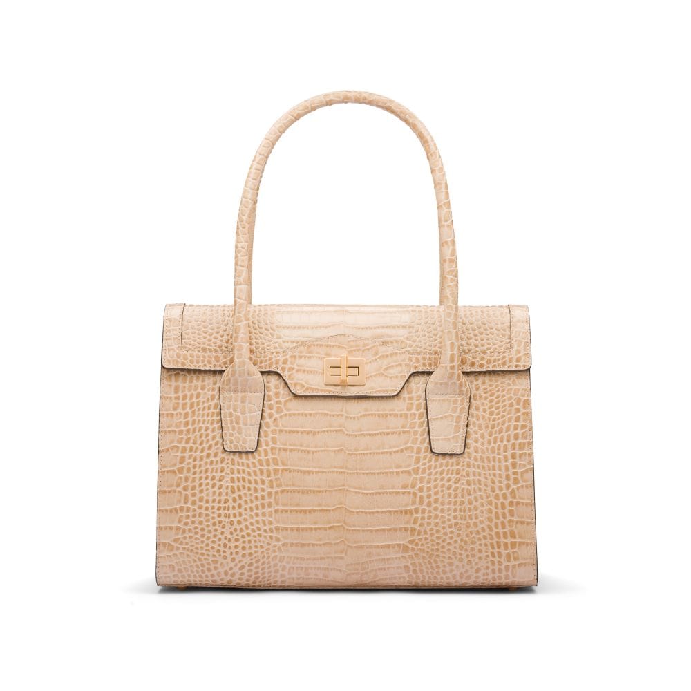 Large leather Morgan bag, ivory croc, front