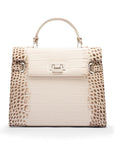 Leather Catherine top handle bag, ivory burnished croc, front