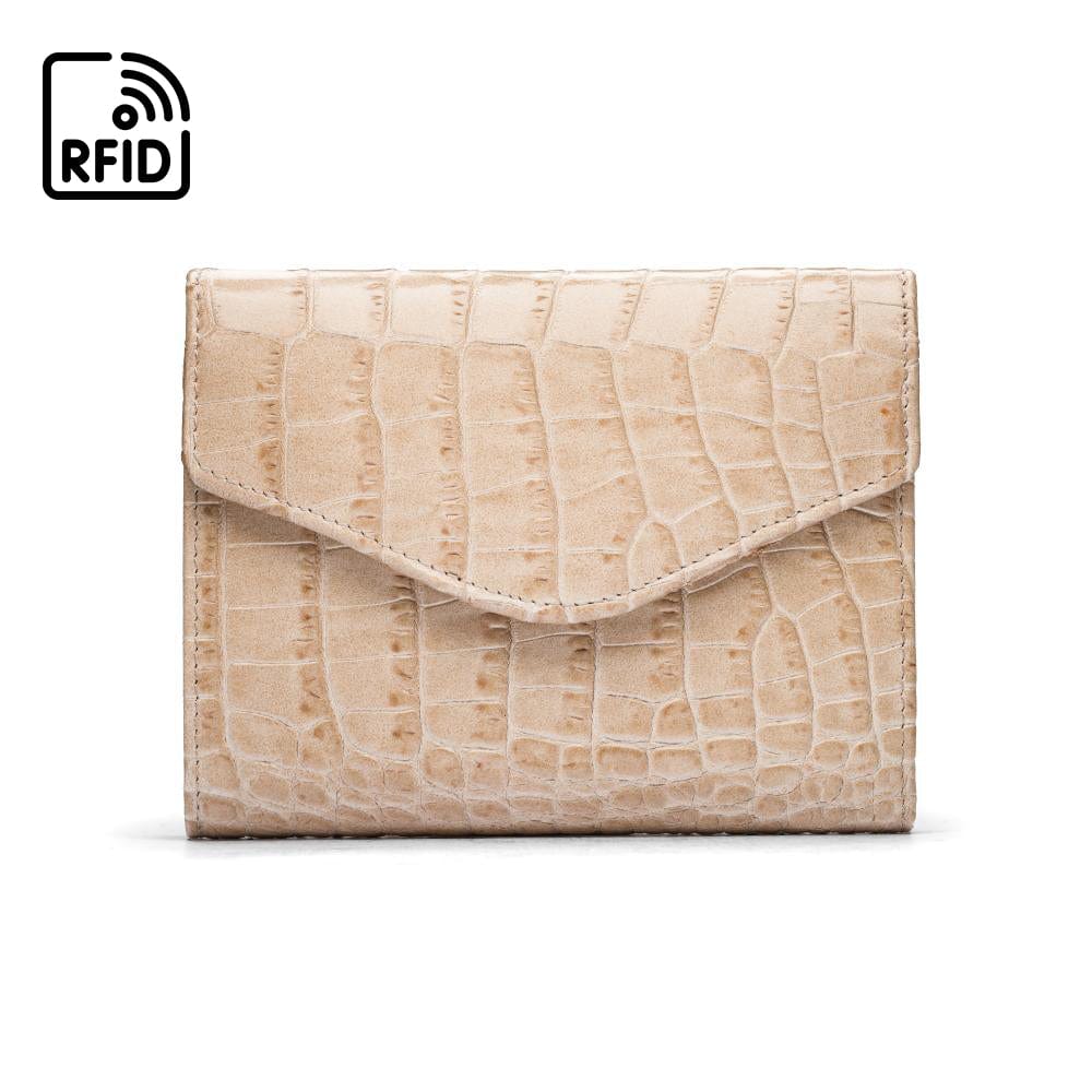 RFID Large leather purse with 15 CC, ivory croc, front