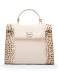 Leather Catherine top handle bag, ivory burnished croc, front