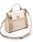 Leather Catherine top handle bag, ivory burnished croc, with strap