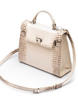 Leather Catherine top handle bag, ivory burnished croc, side