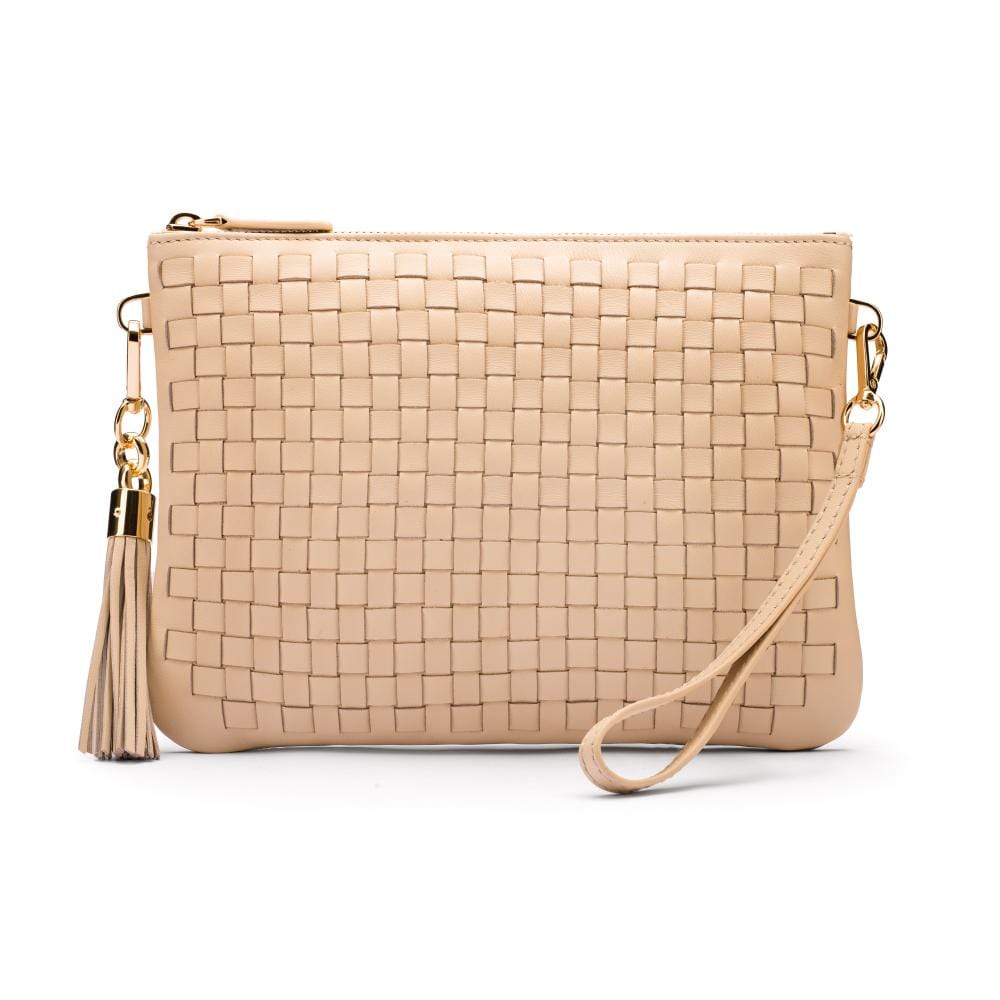 Leather woven cross body bag, ivory, front view