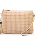 Leather woven cross body bag, ivory, front view