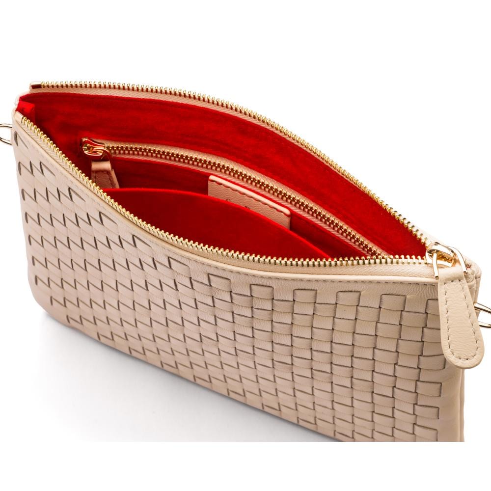 Leather woven cross body bag, ivory, inside