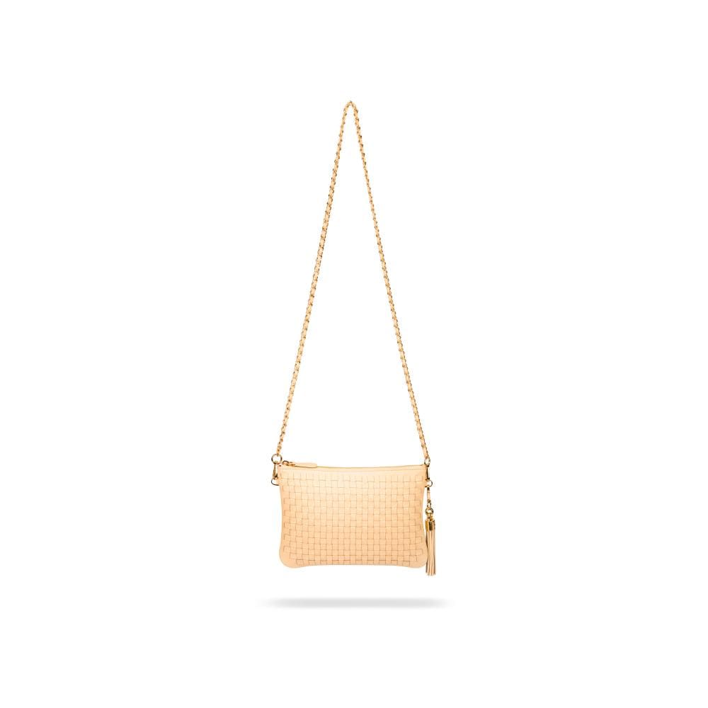 Leather woven cross body bag, ivory, with chain strap