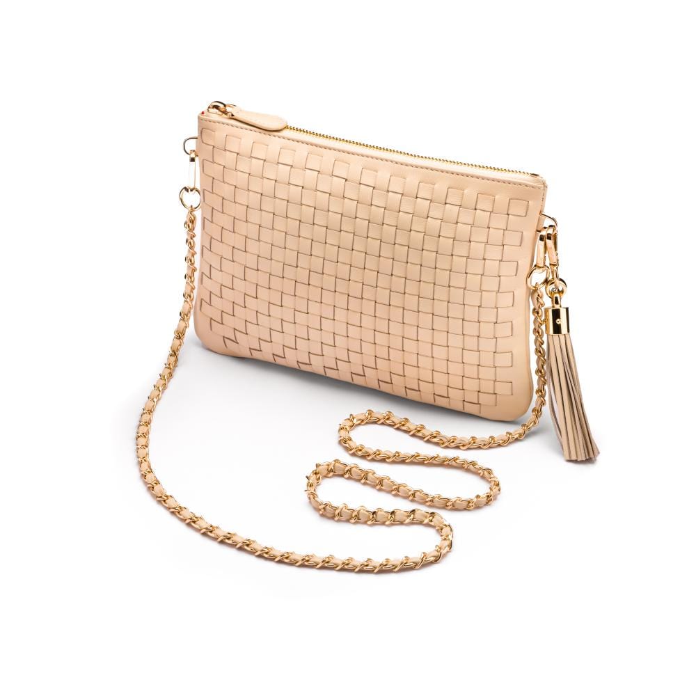 Leather woven cross body bag, ivory, side