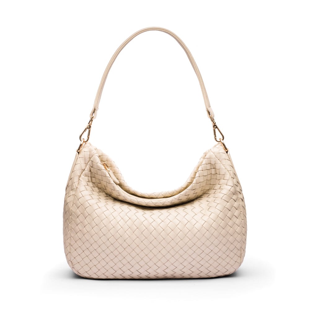 Melissa slouchy leather woven bag with zip closure, ivory, front