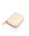 Small zip around woven leather accordion purse, ivory, front
