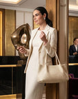 Midi woven leather bag, ivory, lifestyle