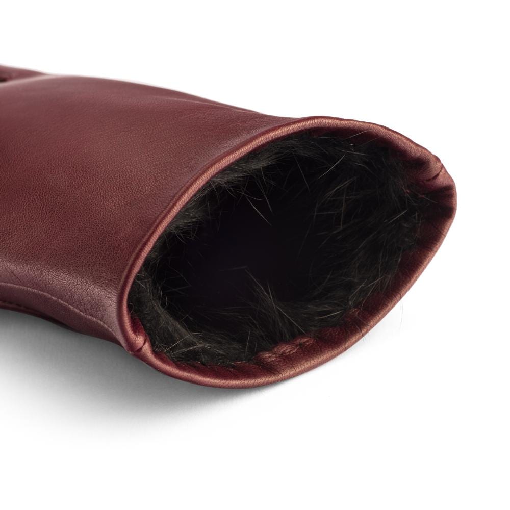 Fur lined leather gloves ladies, burgundy, inside