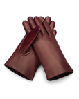 Fur lined leather gloves ladies, burgundy, front