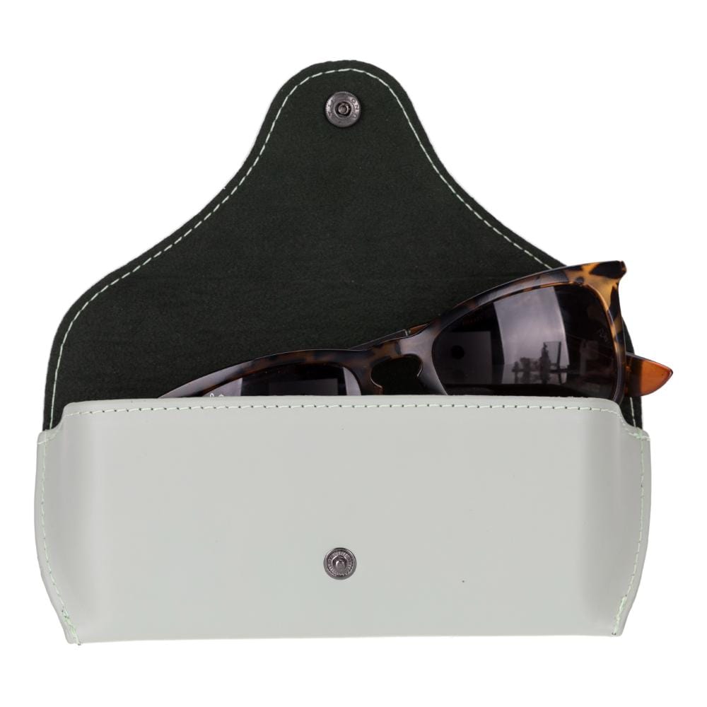 Leather glasses case, mint green, open