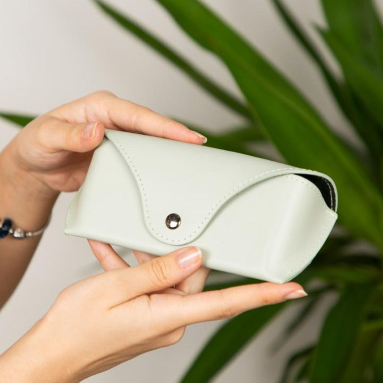 Leather glasses case, mint green, lifestyle