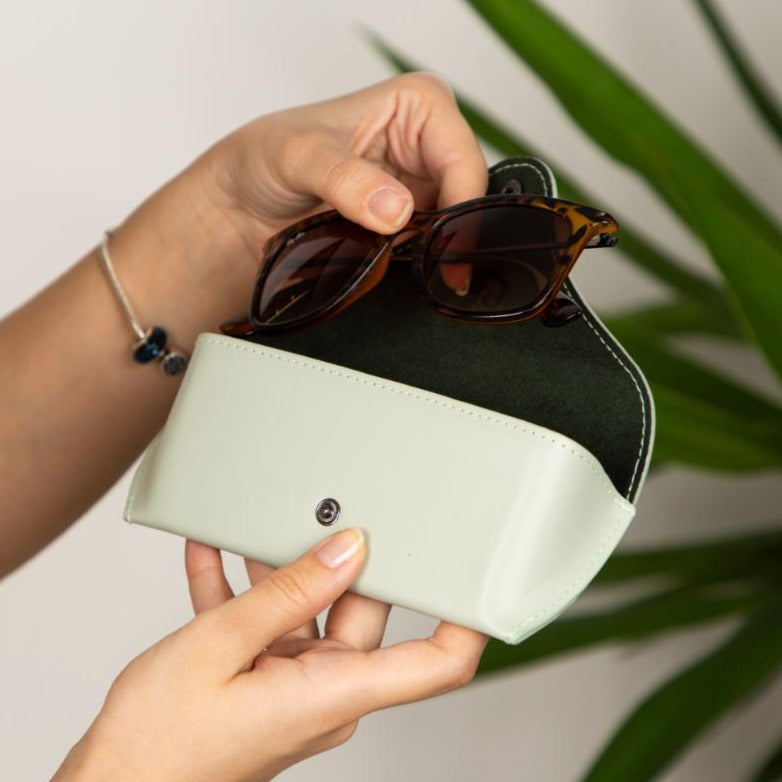 Leather glasses case, mint green, lifestyle view