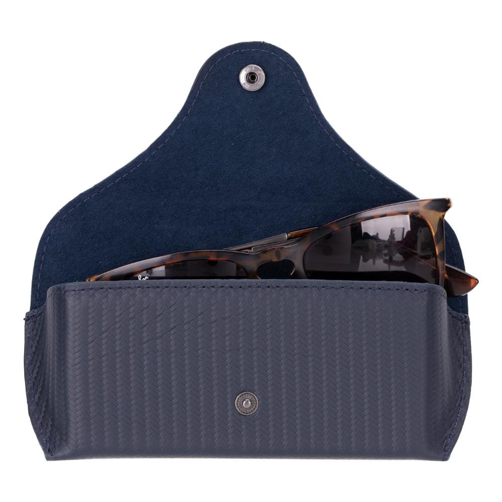 Leather glasses case, woven navy, open