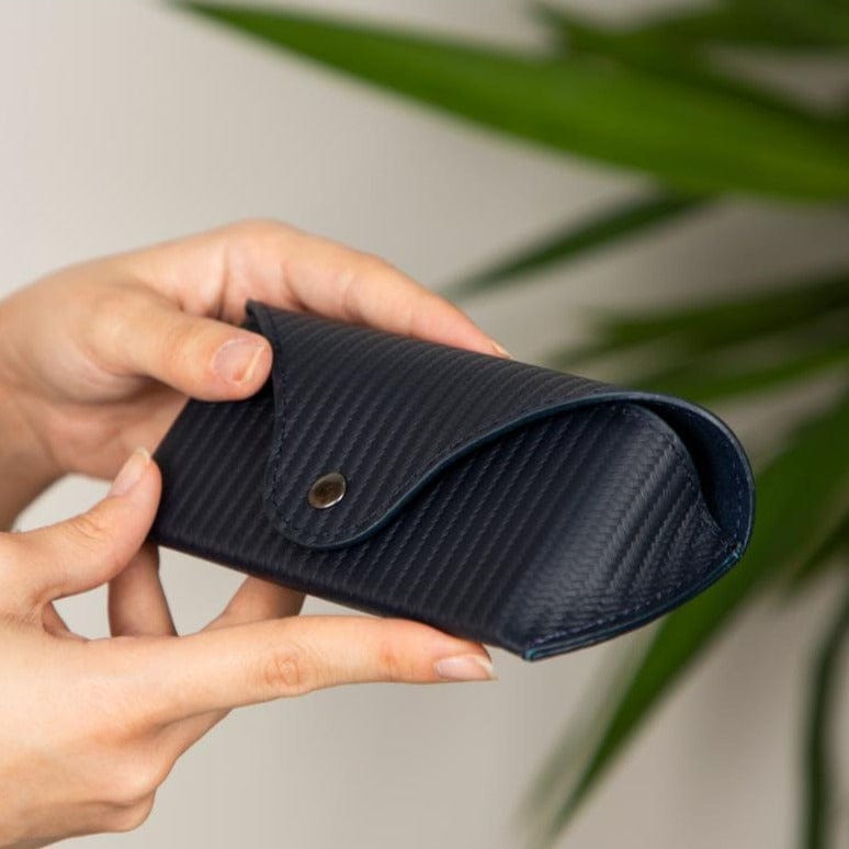 Leather glasses case, woven navy, lifestyle