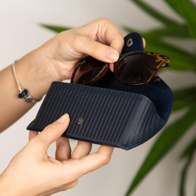 Leather glasses case, woven navy, lifestyle view