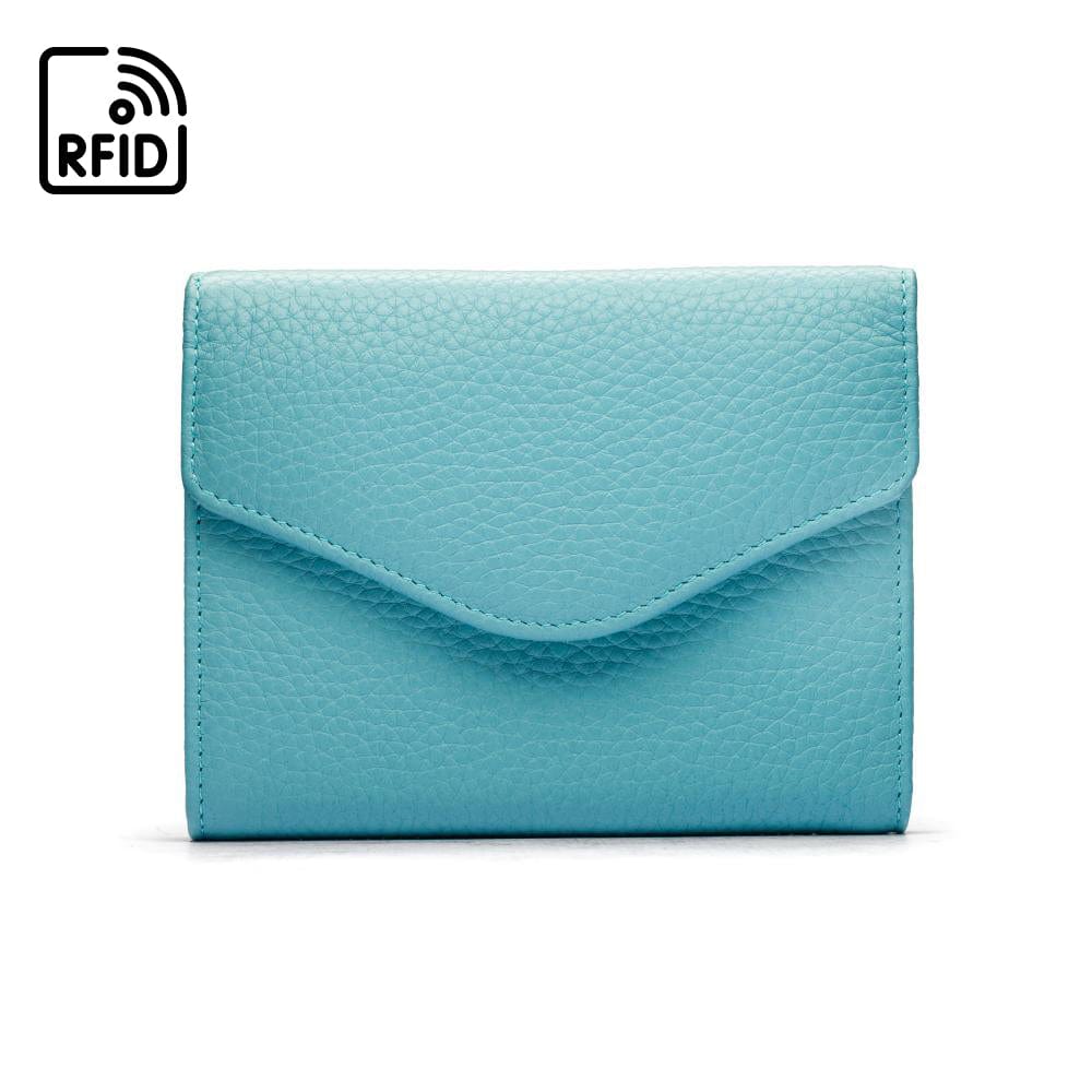 RFID Large leather purse with 15 CC, light blue, front