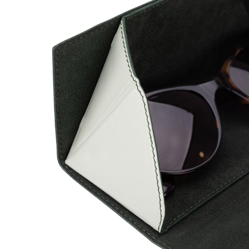 Triangular leather glasses case, mint green, close up