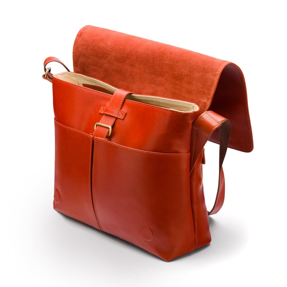 Men's large leather messenger bag, light tan, open