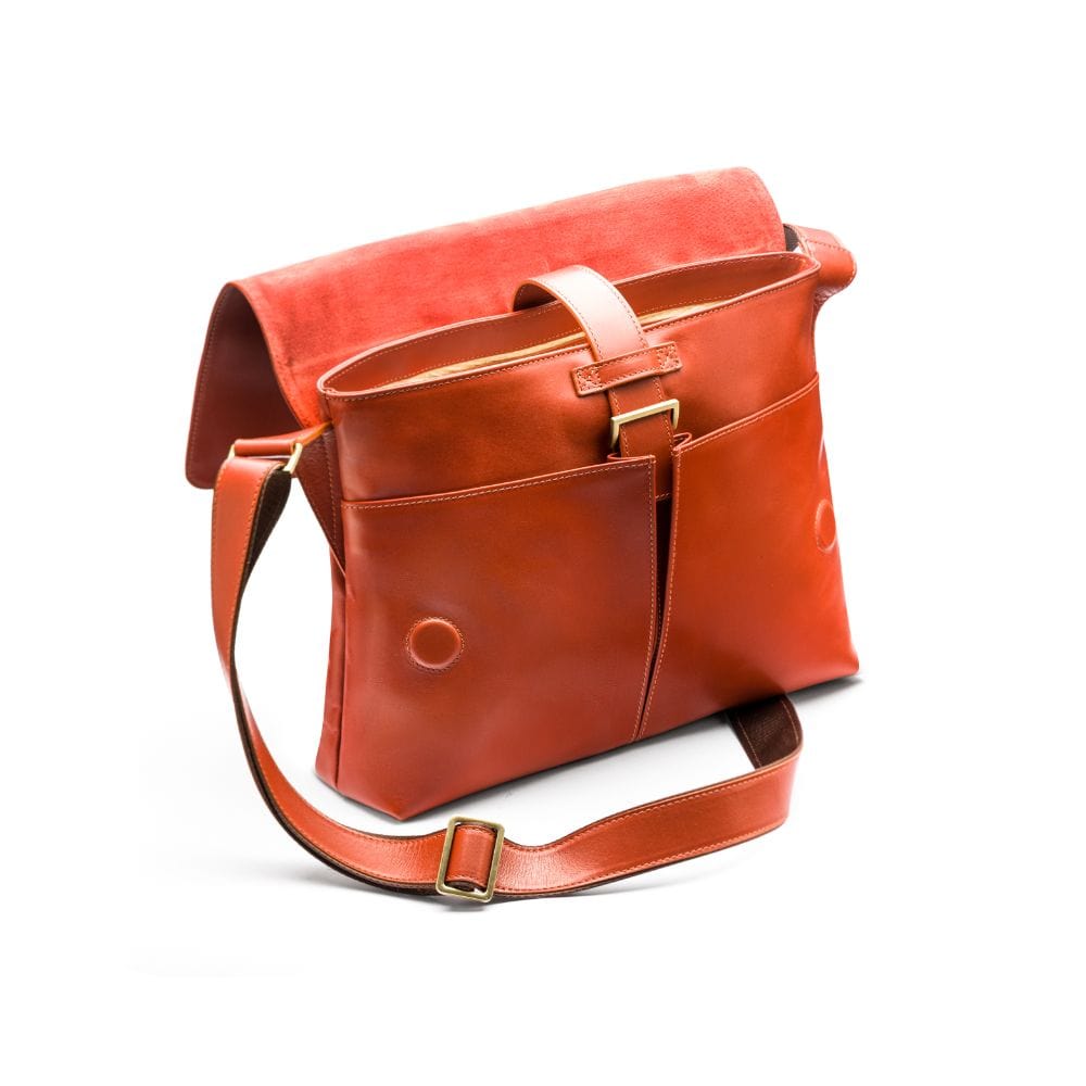 Leather messenger bag, light tan, open