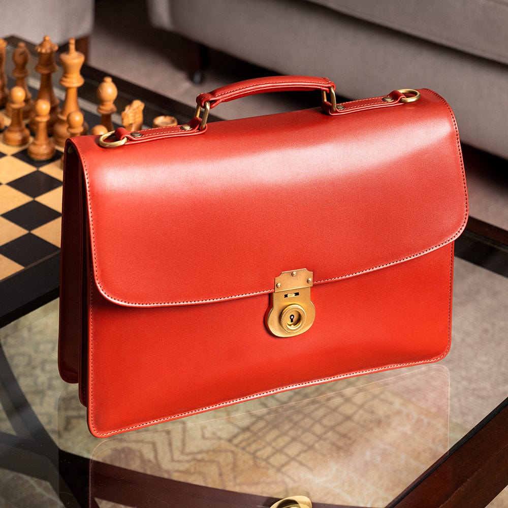 Leather briefcase with brass lock, Harvard, light tan, lifestyle