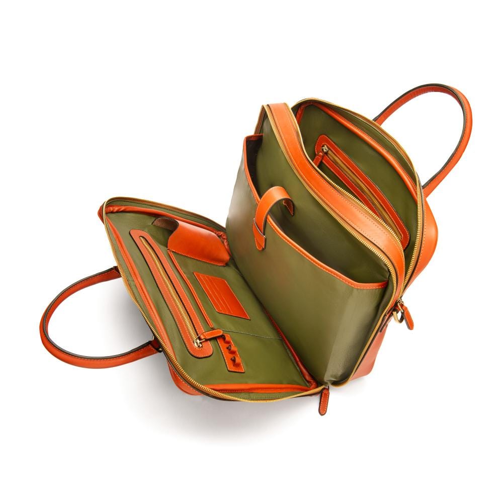 Leather 17" laptop briefcase, light tan, inside