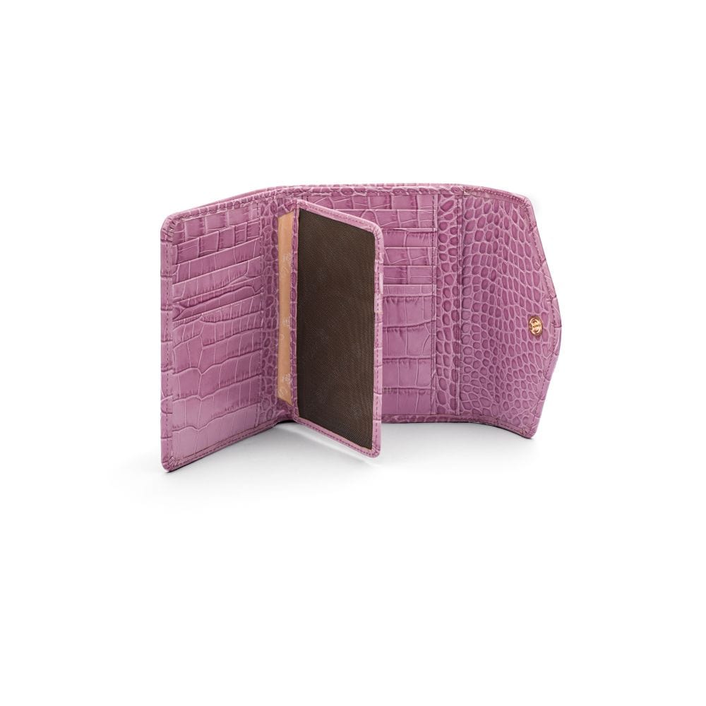 Large leather purse with 15 CC, lilac croc, inside