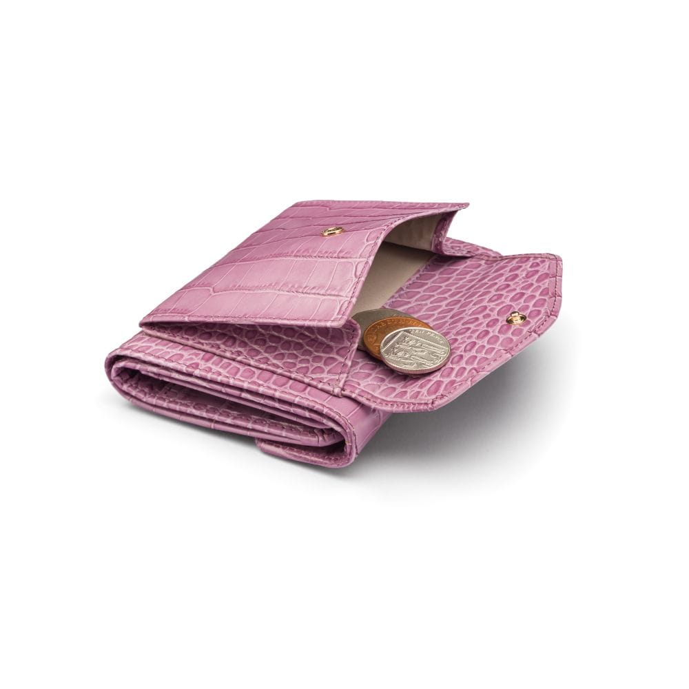 Large leather purse with 15 CC, lilac croc, coin purse