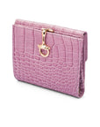 Leather purse with equestrain clasp, lilac croc, front