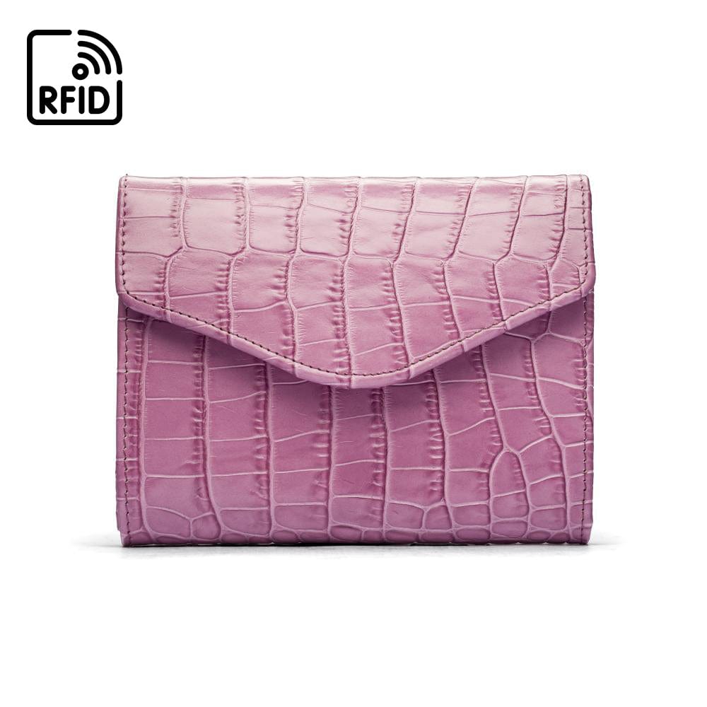 RFID Large leather purse with 15 CC, lilac croc, front