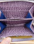 Small leather zip around accordion coin purse, lilac croc, interior