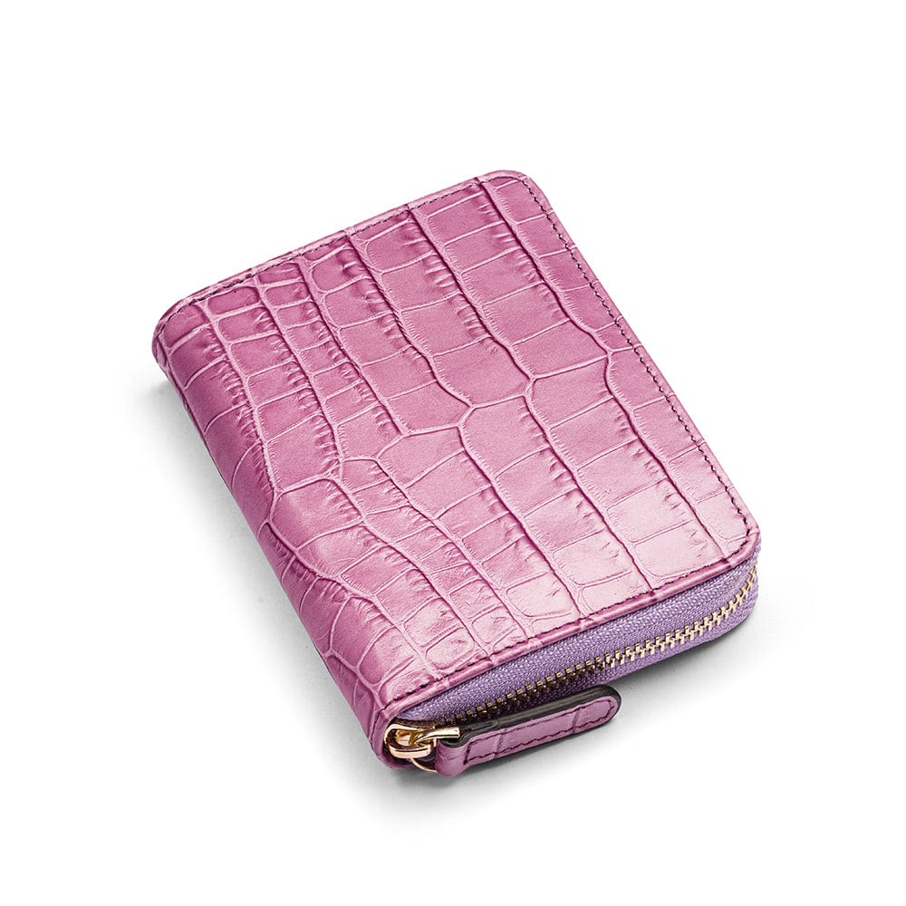 Small leather zip around accordion coin purse, lilac croc, front view