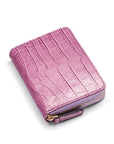 Small leather zip around accordion coin purse, lilac croc, front view