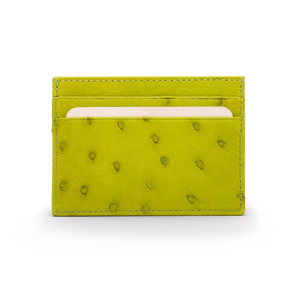 Flat ostrich leather credit card case, lime ostrich leather, front