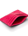 Flat ostrich leather credit card case, pink ostrich leather, front