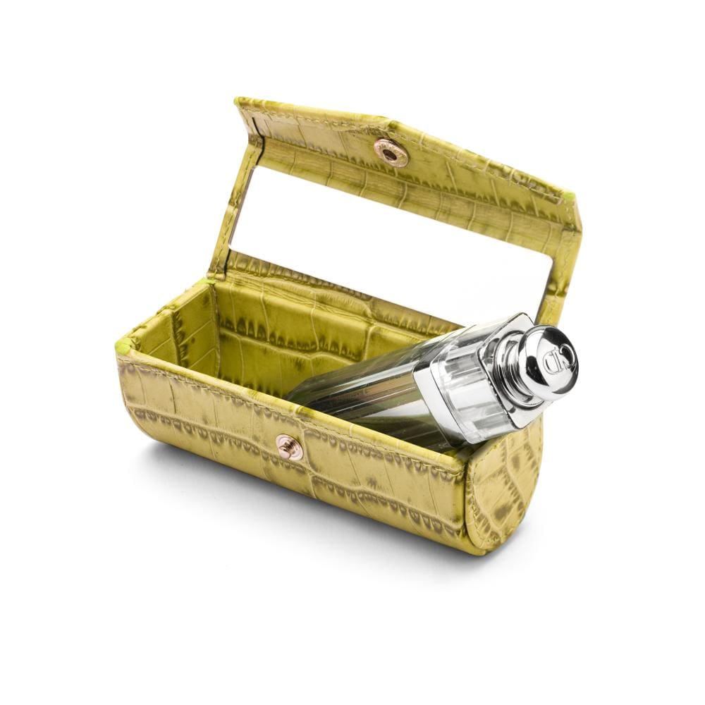 Leather lipstick case, lime green croc, inside view