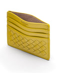 Flat woven leather card holder, lime green, open