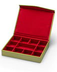 Large Leather Cufflink And Jewellery Box, Lime Green With Red, inside